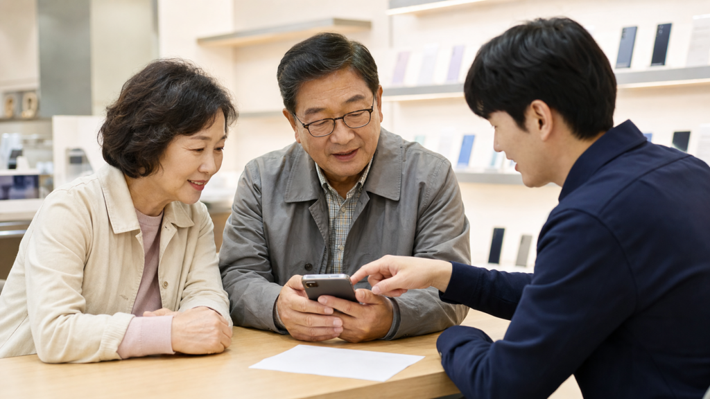 통신사 대리점에서 휴대폰 요금 감면 상담을 받는 한국인 시니어 부부