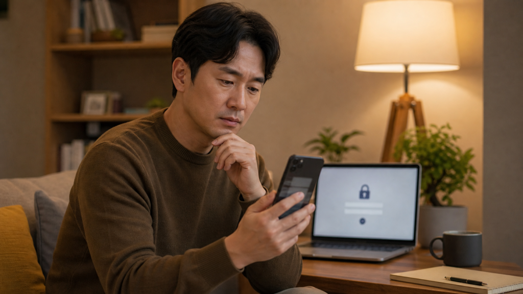 근로장려금 사칭 문자 링크를 확인하며 주의하는 모습